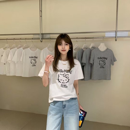 overrich卡通hellokitty猫短袖T恤女2025夏新款减龄百搭上衣