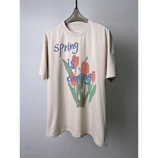 花朵印花圆领短袖t恤慵懒松弛感显瘦遮肉韩系chic别致韩版上衣夏
