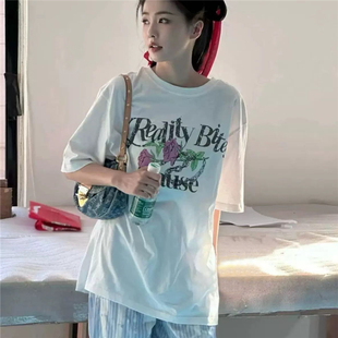 高版本 R*ive韩国白鹿宋轶iu明星同款玫瑰印花T恤短袖上衣女百搭
