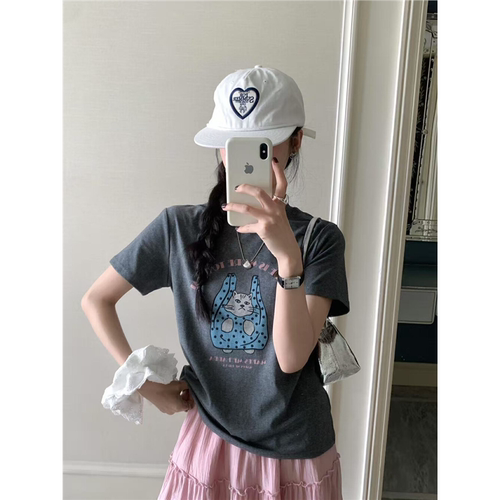 DARA ROSE可爱小猫咪字母印花短袖T恤女2025夏季新款韩版减龄上衣