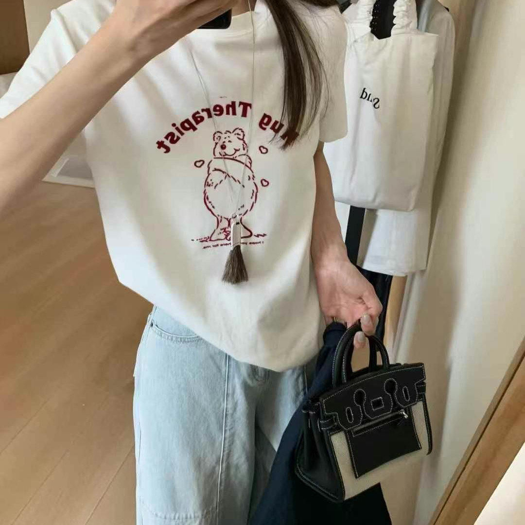 BUBBLE白色卡通印花植绒圆领短袖t恤女2025年新款显瘦百搭上衣夏