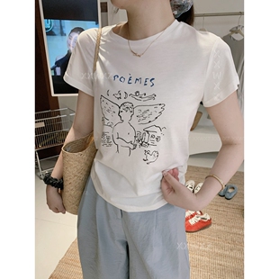 T恤 小天使韩系休闲显瘦百搭手绘印花正肩短袖 韩国东大门夏季 新款