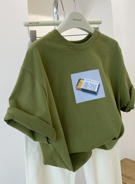 设计感小众绿色短袖t恤女夏季2024新款正肩圆领宽松打底衫上衣ins