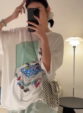 韩国东大门夏季新款盛夏的泳池休闲百搭时尚印花设计卡通潮流T恤