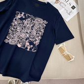 欧货漂亮小众别致设计感上衣藏青色剪纸印花短袖 夏 t恤女2024新款