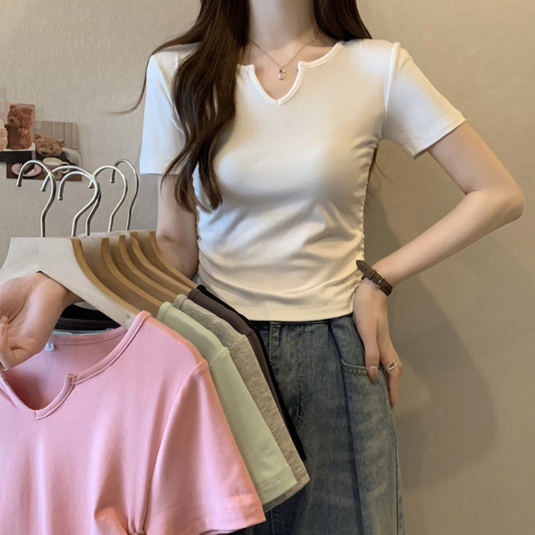 大码女装2024夏新款v领短袖正肩T恤女胖mm设计感抽绳显瘦辣妹上衣