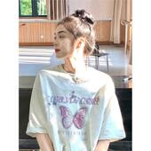 上衣 冷淡系高级感宽松纯棉半袖 设计感蝴蝶印花短袖 t恤女2024夏季