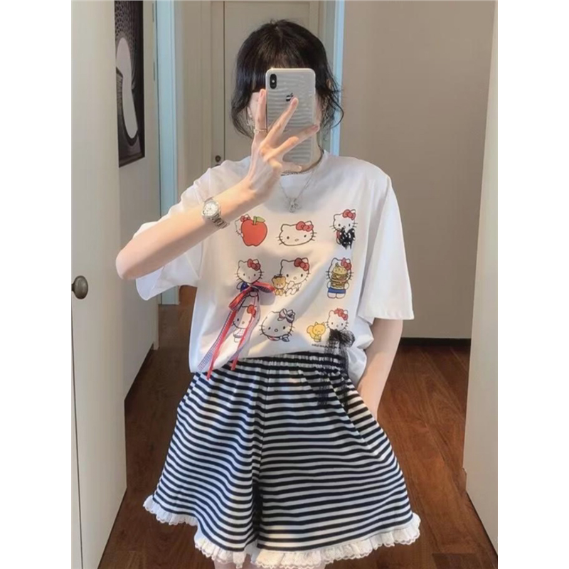 韩国东大门夏季新款立体蝴蝶结九宫格kitty猫咪印花白色短袖T恤女