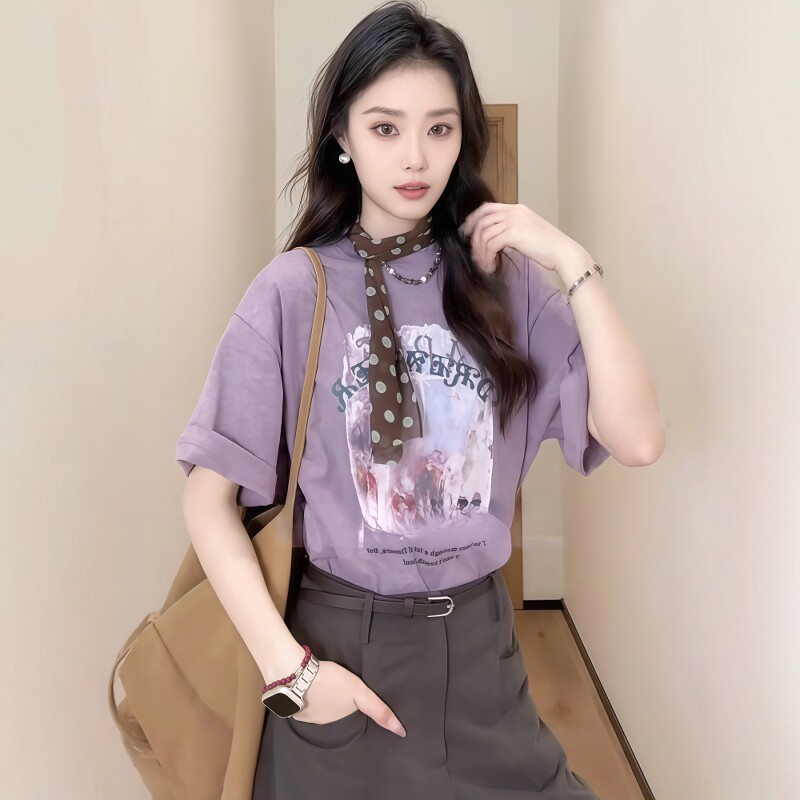 独特漂亮紫色短袖t恤女2025新款爆款夏季宽松慵懒风chic韩系上衣