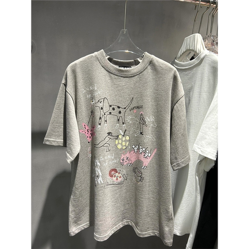 夏天韩系穿搭显瘦遮肉独特上衣超好看宽松灰色卡通圆领短袖t恤女