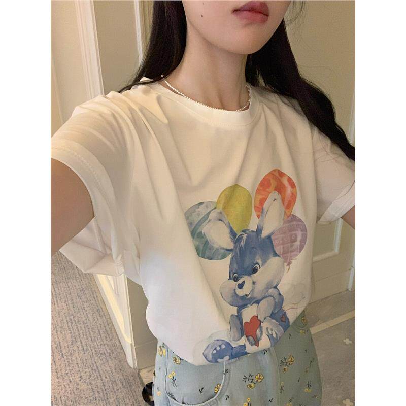 DARA ROSE白色卡通图案印花短袖T恤女2025夏新款韩版减龄百搭上衣