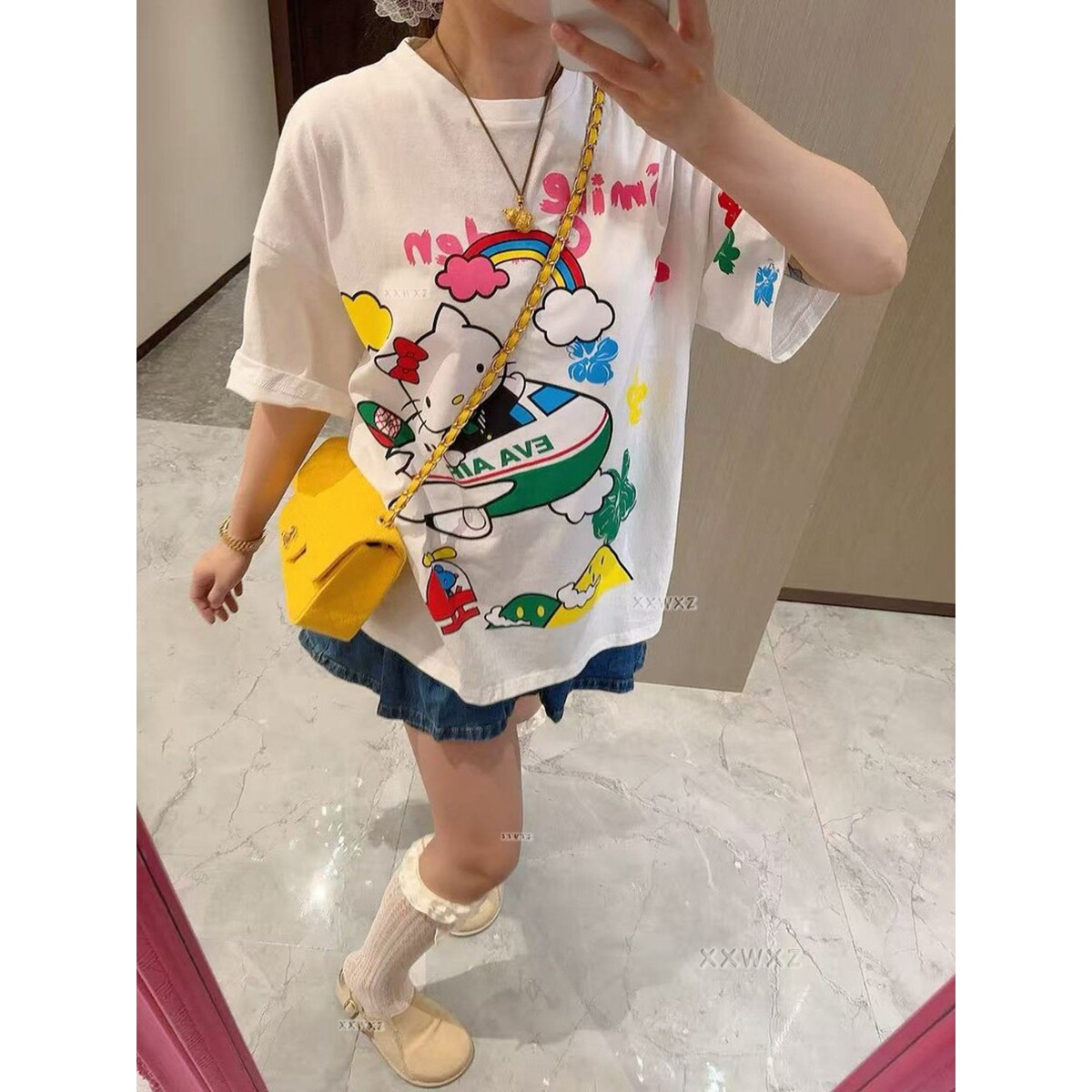 大码韩国女装春季新款胖mm飞机KittyT恤减龄圆领套头白色卡通上衣