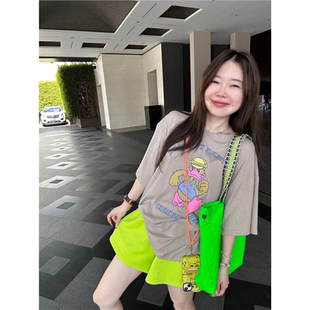 大码韩国女装夏季新款胖mm杏灰色俏皮可爱倔强鸭印花短袖T恤上衣