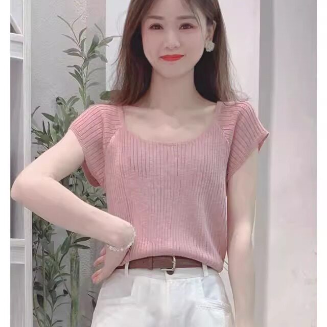 粉色镂空冰丝短袖针织衫女2024新款夏季后背绑带修身薄款针织上衣