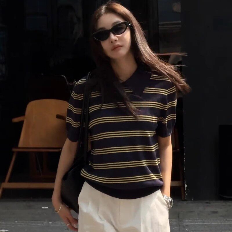 松弛感宽松显瘦条纹针织polo衫女士春夏款极简风休闲短袖t恤上衣