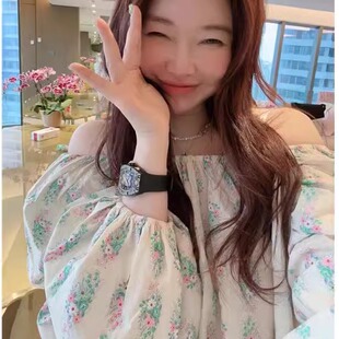 韩国东大门2025夏季新款米色小绿花设计一字领圆领两穿衬衫上衣女