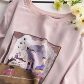 洋 法式 设计感小众上衣时尚 t恤女夏季 R04252 粉紫色印花短袖