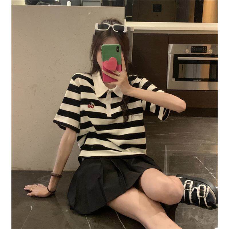 翻领条纹短袖质感t恤女夏季正肩宽松polo针织衫设计感小众上衣潮