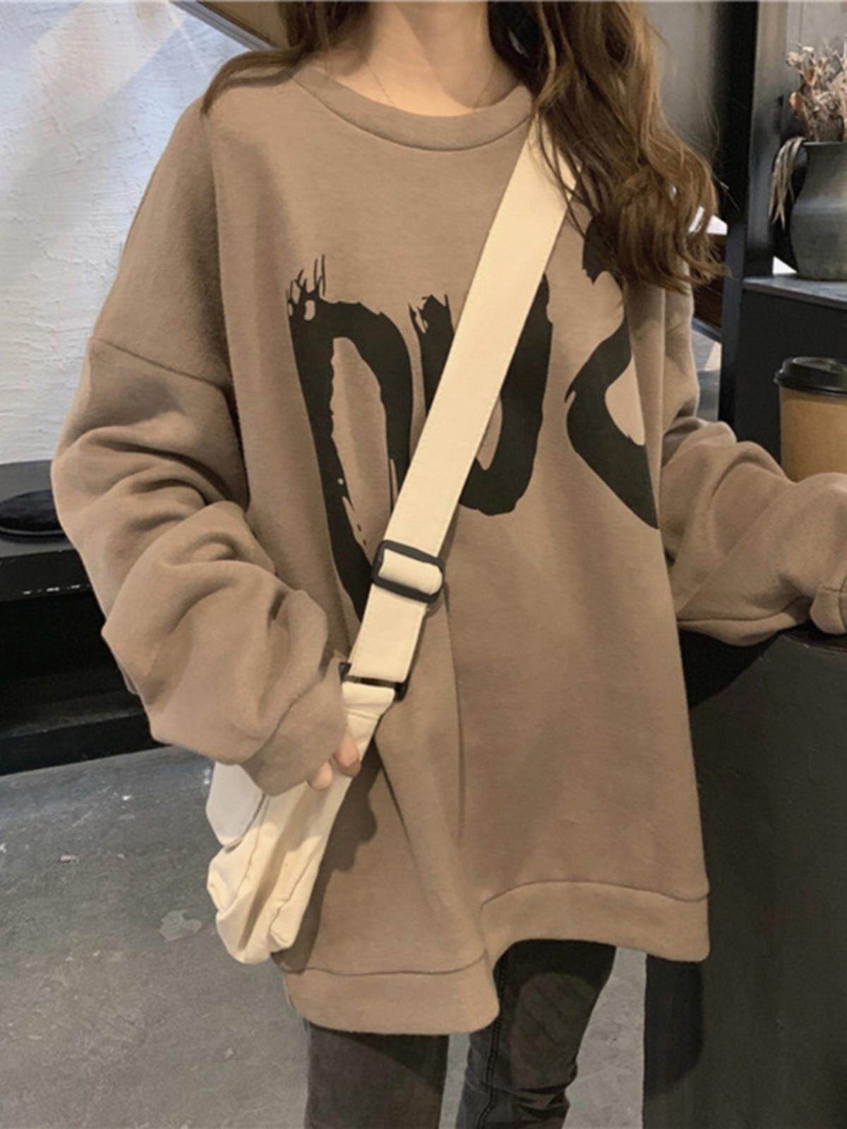 美式复古卡其色圆领卫衣女春秋款2024新款中长款oversize宽松上衣