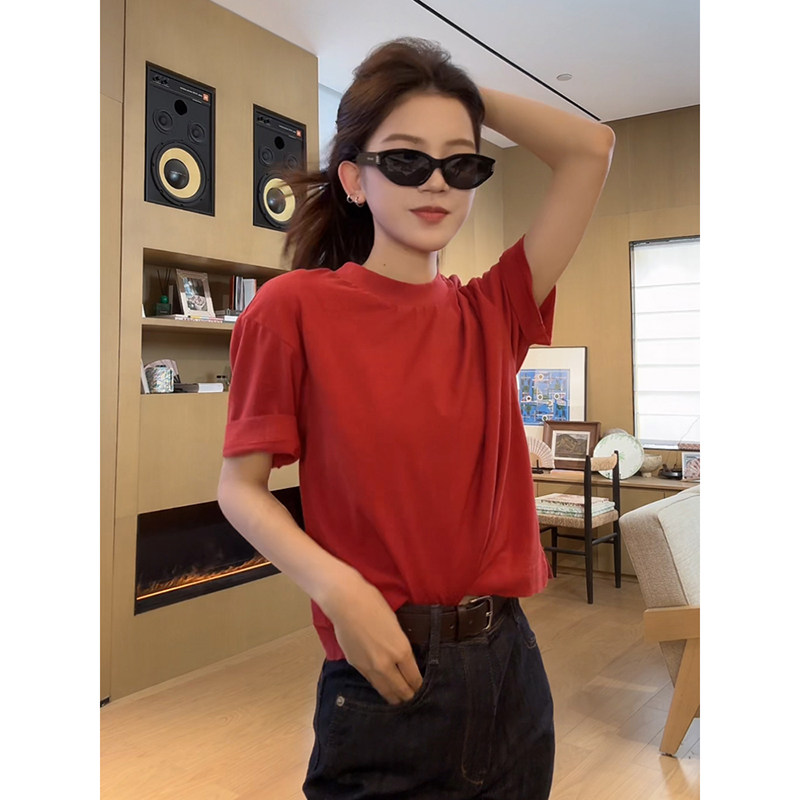 复古百搭圆领宽松显瘦休闲红色短袖T恤大码女装2025夏季新款上衣