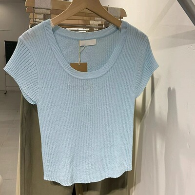 湖蓝色冰丝针织短袖T恤修身显瘦广州十三行高品质女装爆款上衣夏