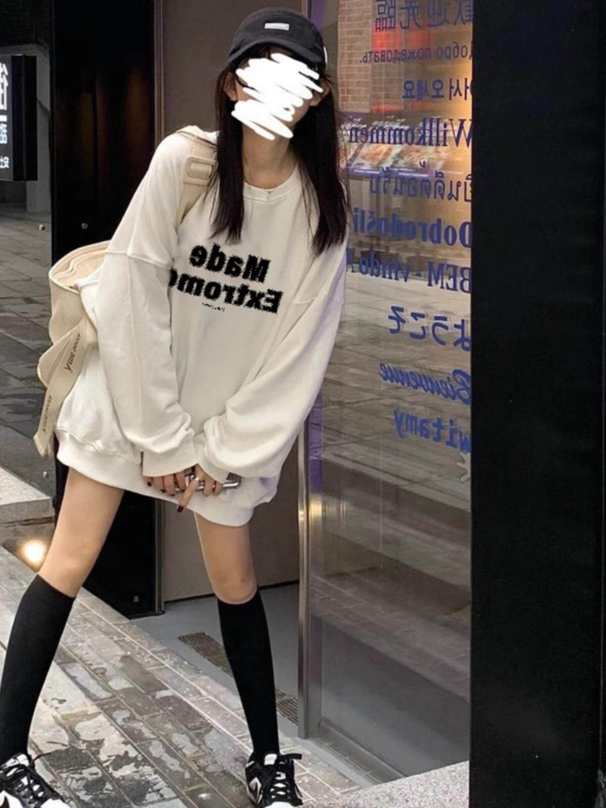 美式复古白色山东即墨圆领卫衣女春秋冬季加绒设计感小众oversize