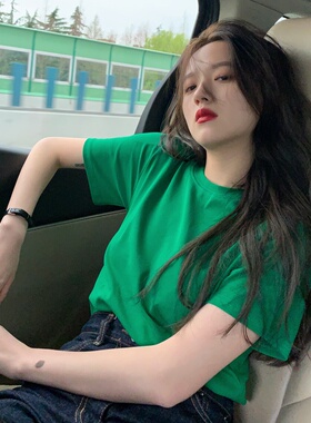 短袖t恤女打底衫短款设计感小众2024夏宽松绿色正肩ins潮半袖上衣