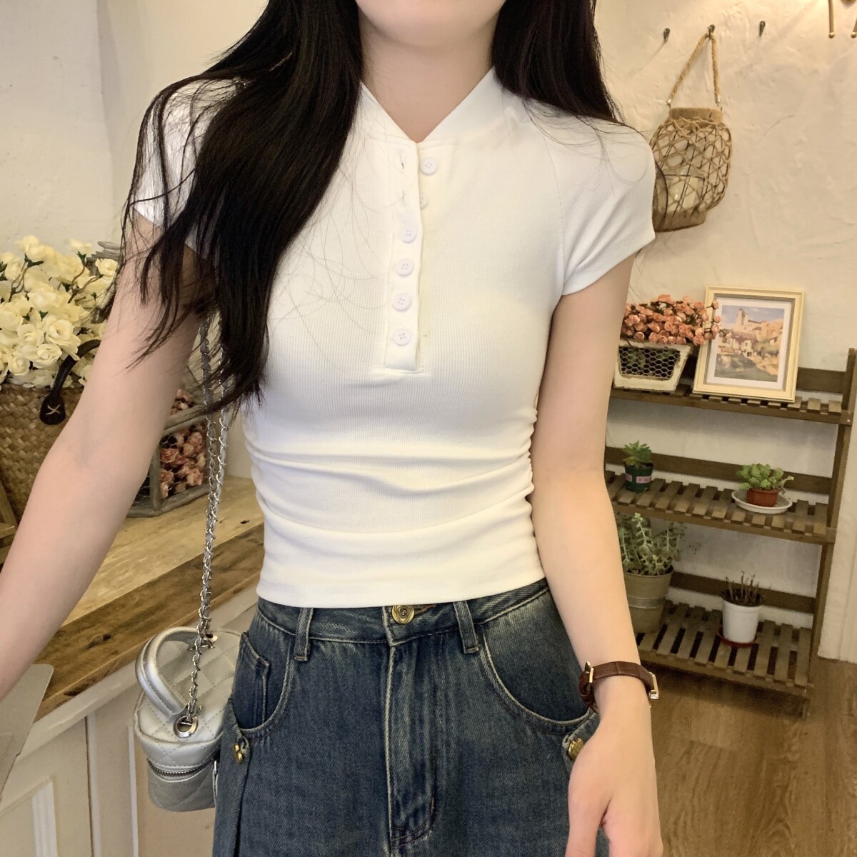 韩版花灰色纽扣插肩短袖T恤女夏季2024新款纯棉内搭修身短款上衣