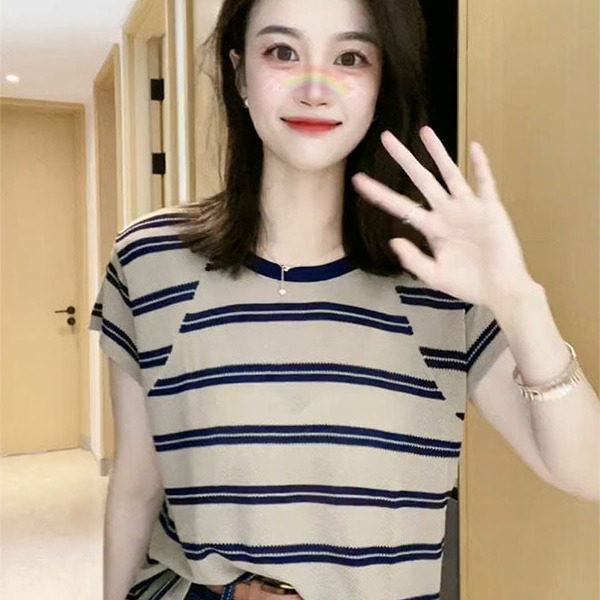 轻熟法式撞色条纹短袖t恤女士夏装款设计感小众个子宽松显瘦上衣