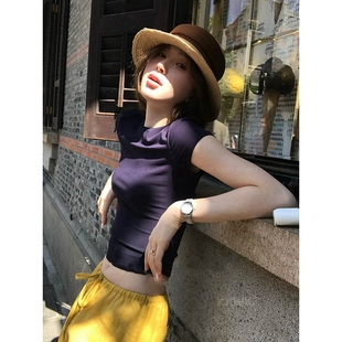 韩国东大门夏季 新款 气质正肩修身 上衣女显身材圆领纯色夏日打底衫