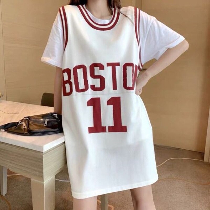 纯棉2024年新款假两件篮球服短袖t恤女夏韩版中长款宽松休闲运动