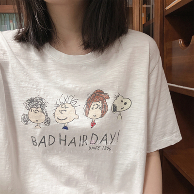 样样韩国东大门 可爱史努比卡通做旧印花竹节棉T恤45177