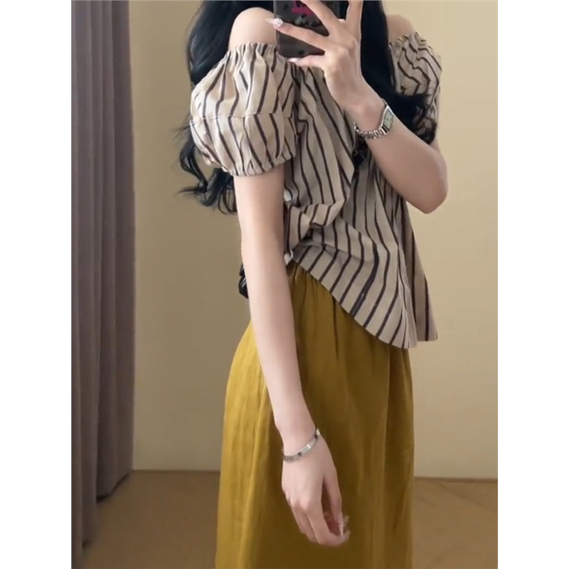 韩系复古高级感条纹一字肩衬衫女夏季2024新款小众气质别致T恤