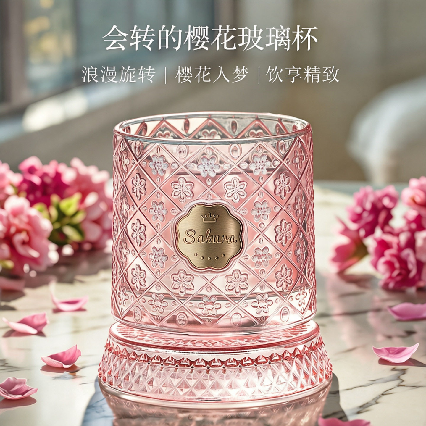 粉色旋转啤酒杯樱花玻璃水杯果汁饮料杯牛奶冷饮家用威士忌洋酒杯