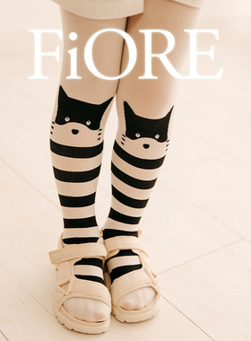 Fiore波兰原装进口儿童打底裤白色条纹猫咪连裤袜提花40D