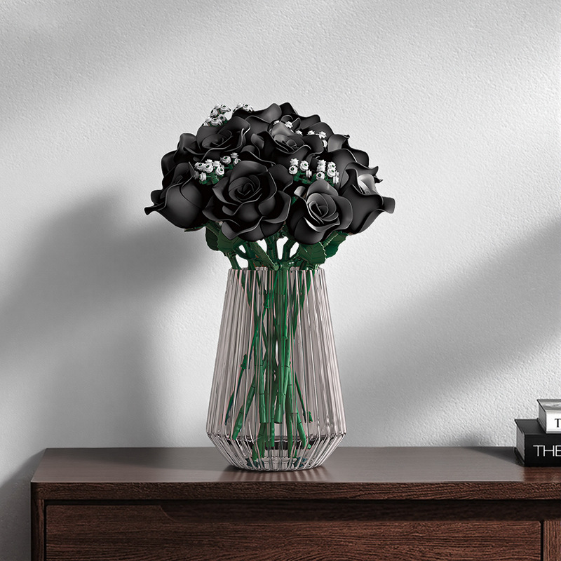 黑红玫瑰花束摆饰模型女孩拼装