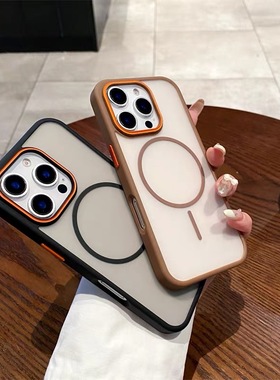 撞色大孔橙色镜头适用苹果16promax手机壳新款iPhone15Pro高级感14plus肤感磨砂13pro磁吸13防指纹12网红男女