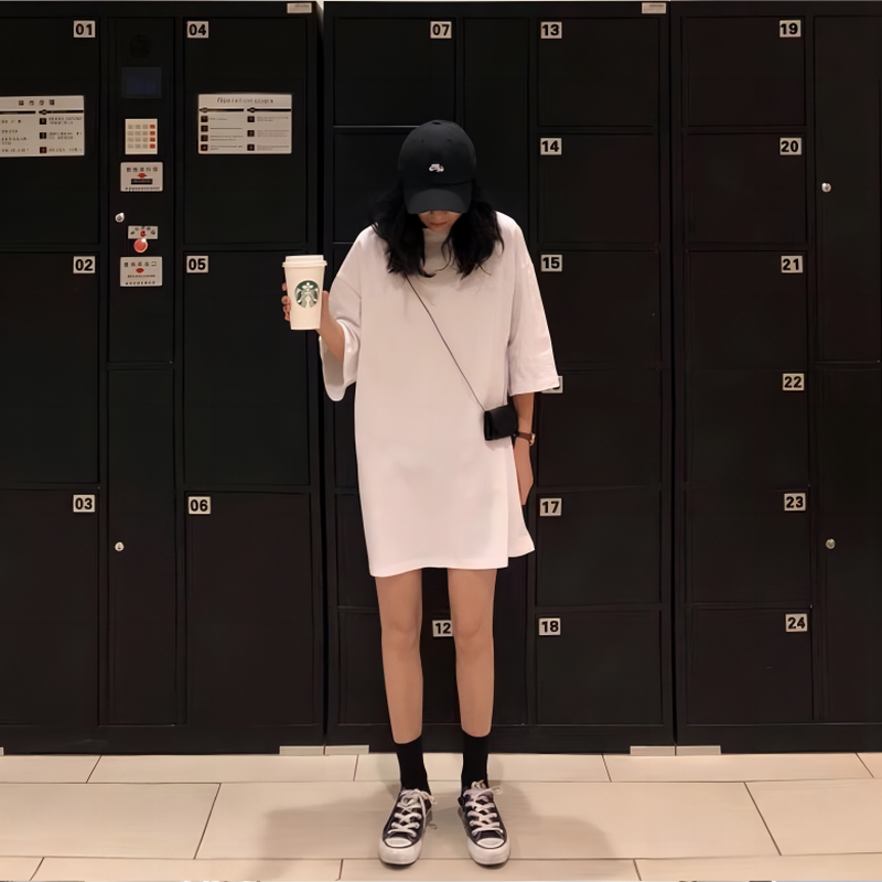 下装消失欧货大版中长款t恤女遮屁股大码高个子加长版连衣裙短袖