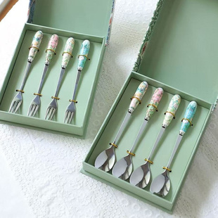 Morris&Co系列高档甜品叉咖啡勺陶瓷手柄欧式下午茶四件套礼盒装