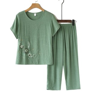 中老年夏季印花棉麻套装休闲大码妈妈洋气女装宽松睡衣两件套奶奶