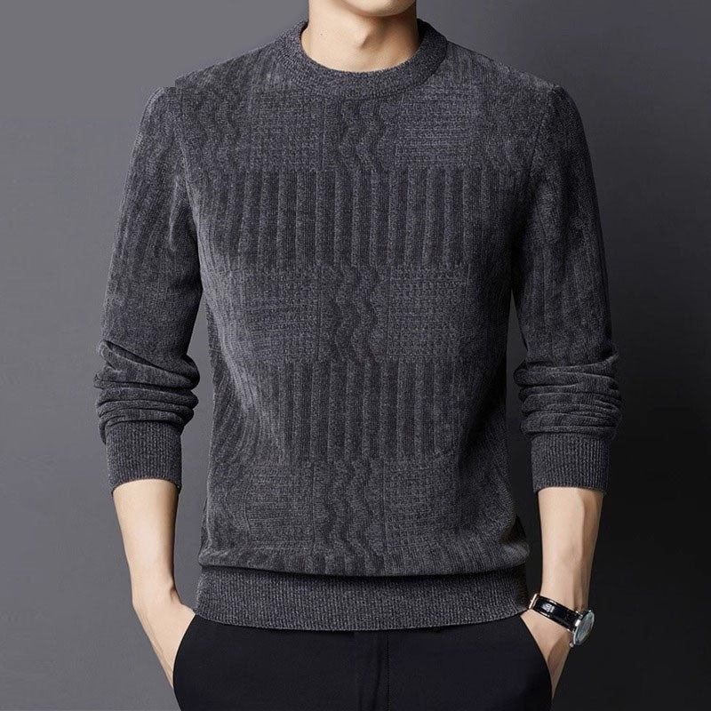 毛衣男款冬季秋冬新款男士雪尼尔卫衣加绒加厚圆领针织毛衣打底衫