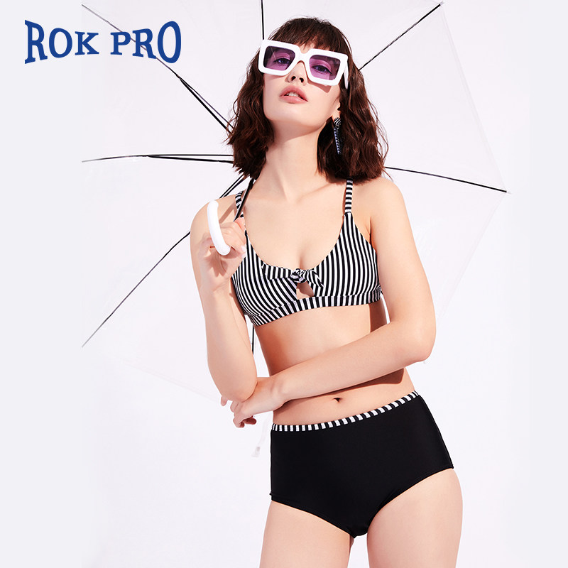 ROKPRO比基尼复古黑色条纹显胸高腰显瘦度假亲子沙滩bikini套装