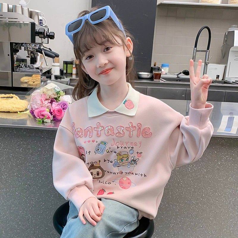女童加绒卫衣秋冬季polo领上衣儿童装衣服卡通时尚小女孩休闲长袖