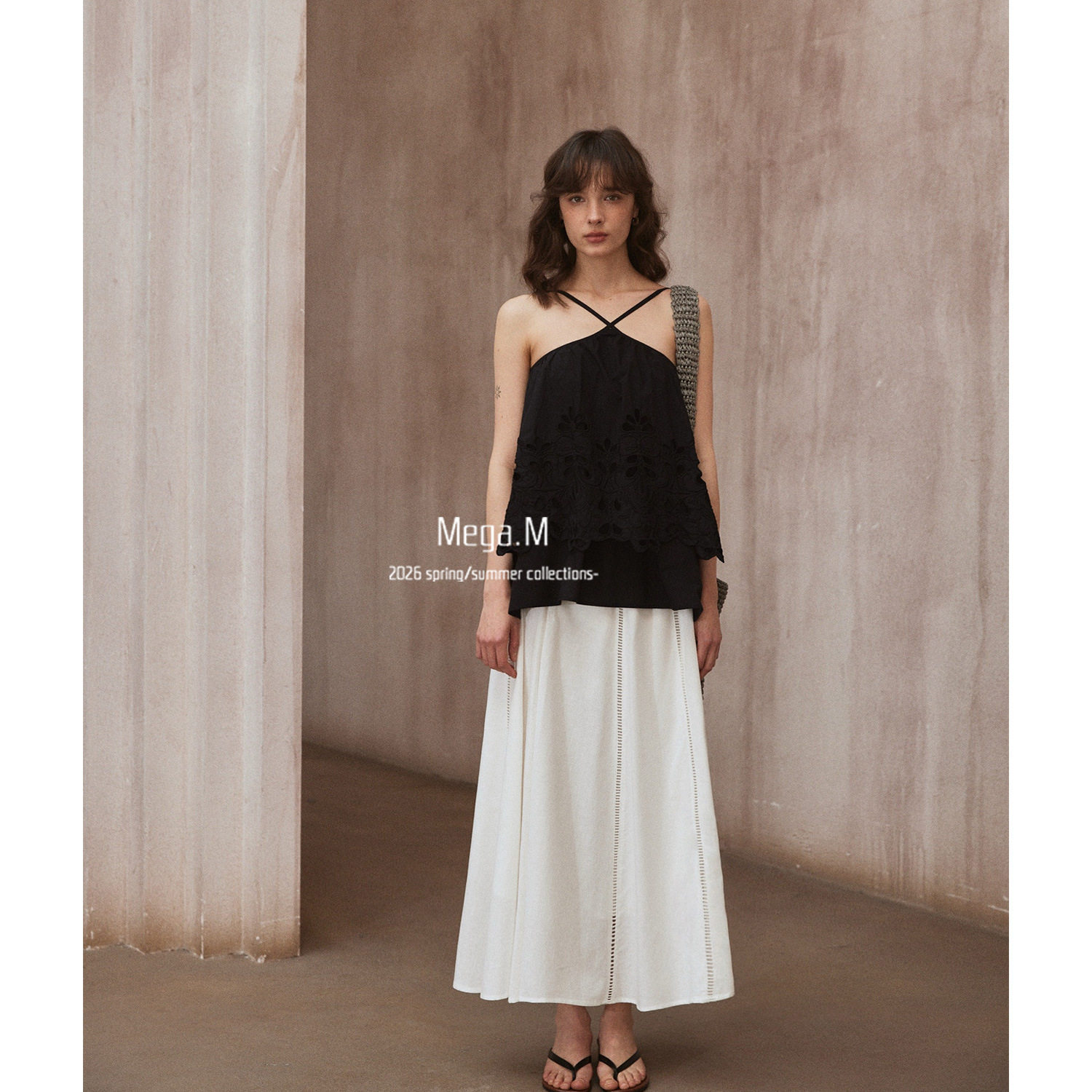 Mega.M 拼接花边镂空半身裙女夏季新款2026小个子韩系a字垂感薄款