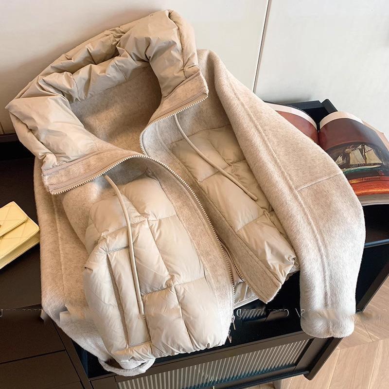 设计感毛呢拼接连帽抽绳棉服女冬季2025新款气质保暖短款夹棉外套