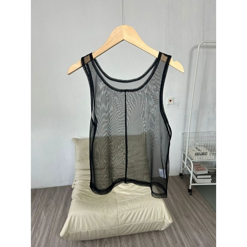 网纱上衣吊带背心女士圆领套头短款罩衫夏天内搭外穿无袖薄款黑色