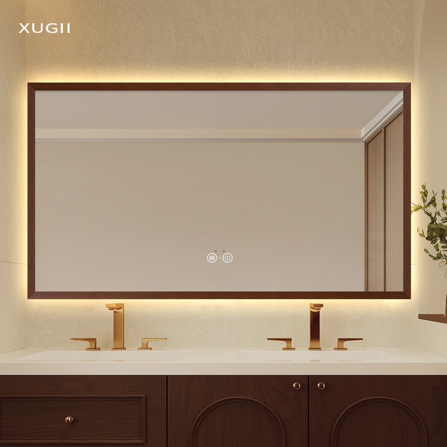 中古风实木智能镜子浴室镜带灯