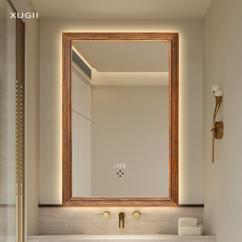 中古风实木卫生间浴室柜镜子带灯