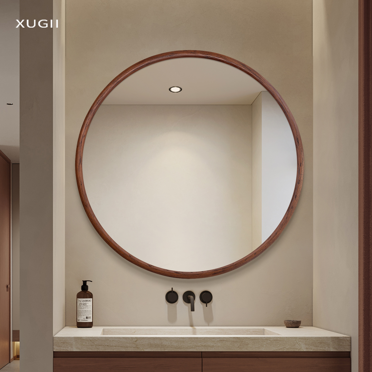 中古风实木卫生间化妆镜壁挂洗手间浴室柜复古圆形镜子贴墙高级感