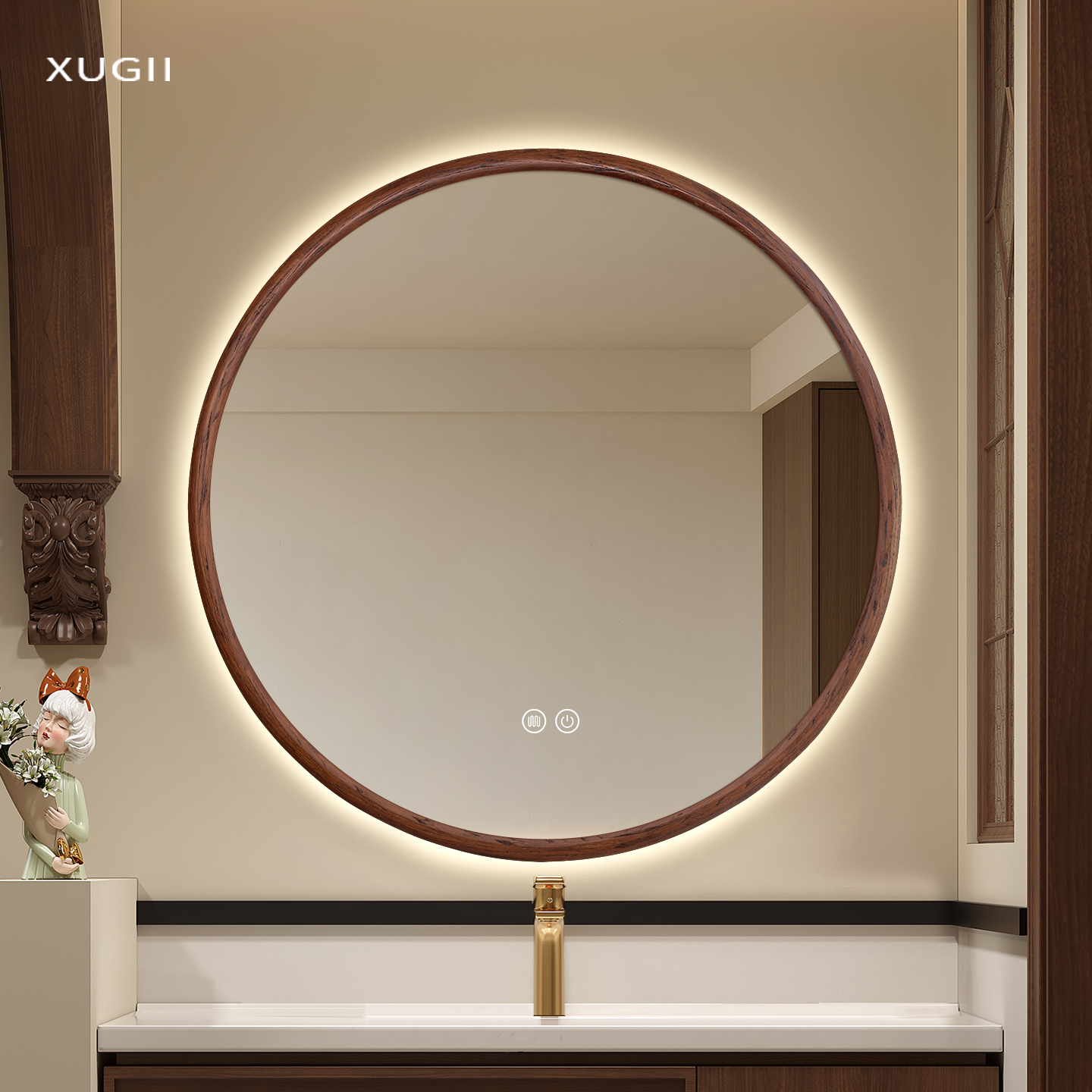 中古风实木镜子卫生间圆形智能镜